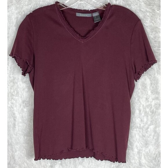 Liz Claiborne Tops - Liz Claiborne Large Short Sleeve Maroon Top Ruffled Edges V-Neck